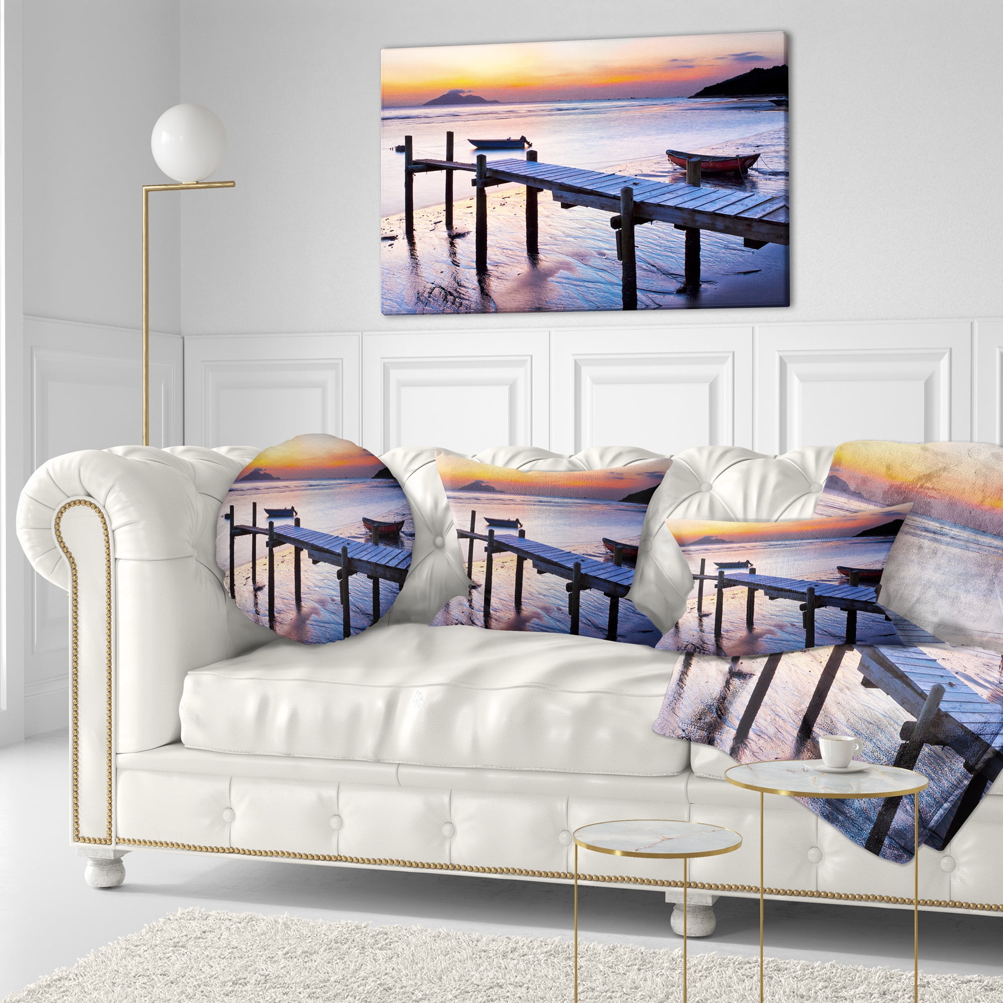 Designart Old Wooden Pier at Sunset - Seascape Throw Pillow - 12x20