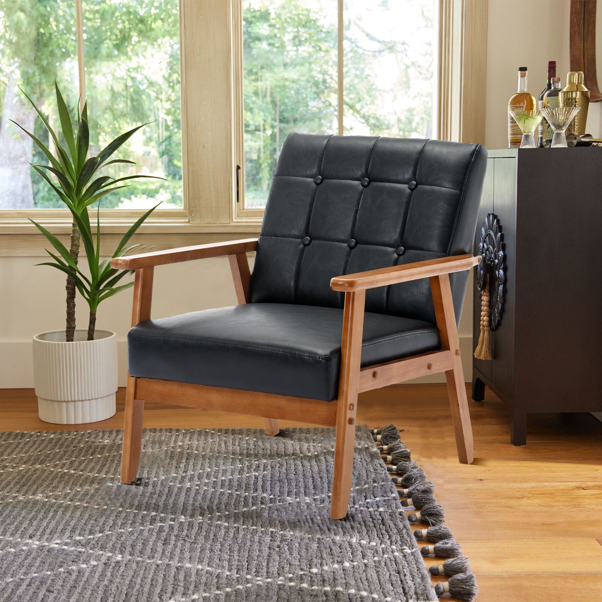 Miniyam Mid Century Modern Accent Chair with Wood Frame,PU Leather Single Reading Chair,Armchair for Living Room Bedroom Home Belcony Office,Black