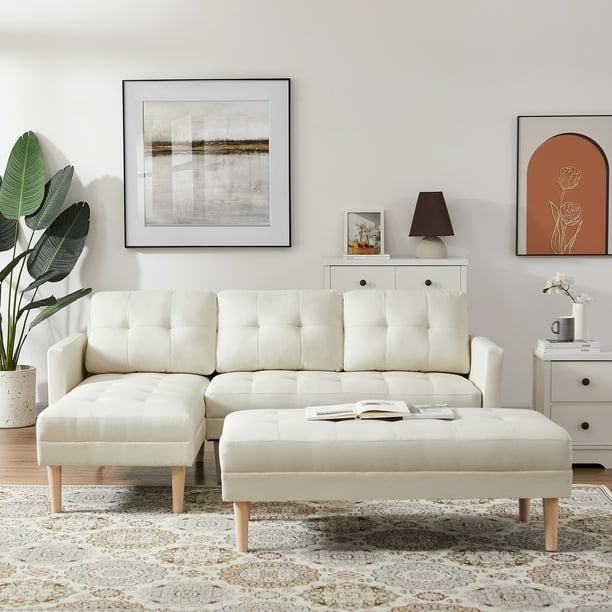 Beige Sectional Sofa Bed , L-shape Sofa Chaise Lounge with Ottoman ...