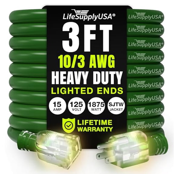 3ft Outdoor/Indoor Extension Cord 10/3 Gauge Ultra Heavy Duty 3 Prong SJTW, Waterproof, Flexible Cold-Resistant Long Power Cord,15A 125V 1875W, Green by LifeSupplyUSA