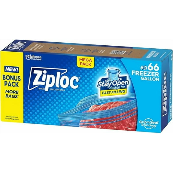 Ziploc Gallon Food Storage Freezer Bags, Stay Open Design with Stand-Up Bottom, Easy to Fill, 66 Bags Total