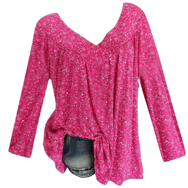 Pompotops Blouse à Manches Longues Col en V Imprimée pour Femmes Grande Taille Pull Tops Chemise Liquidation