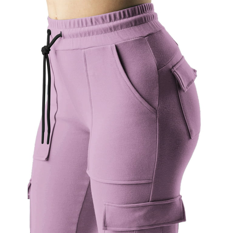 OVBMPZD Women's Cargo Pants Work Sports Elastic Waist Leggings String Side  Pockets Trousers Purple M