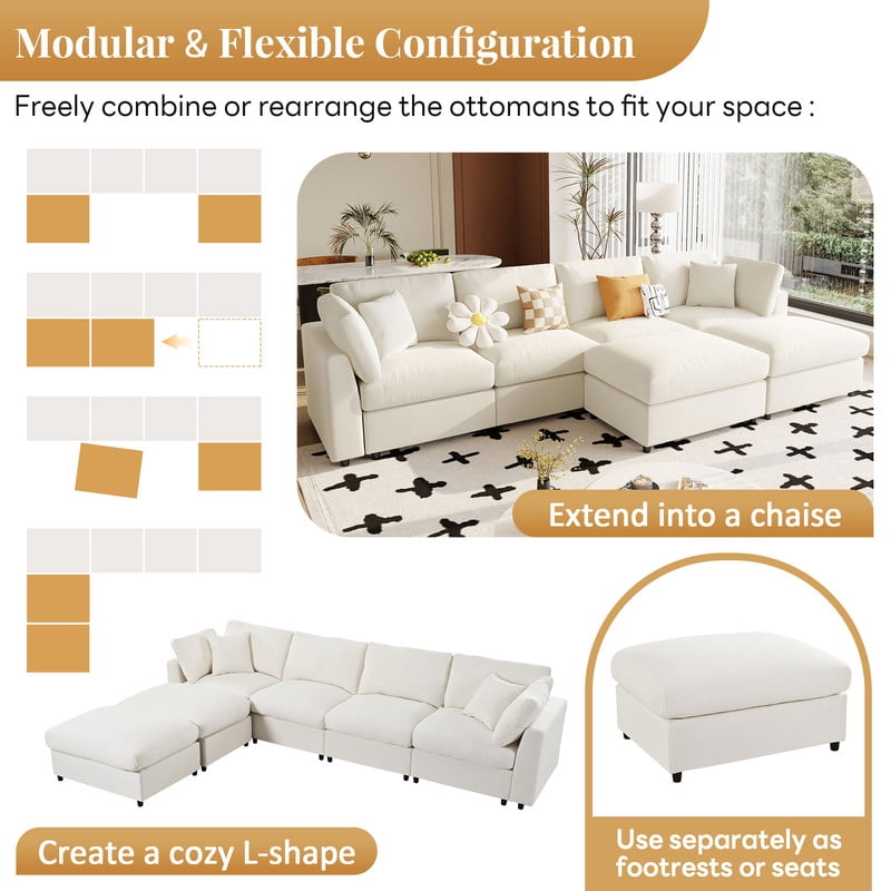 U-Shaped Modular Sectional Sofa with 2 Movable Ottomans, 128'' Chenille Upholstery Sofa Couch, 6-Piece Configurable Couch, Deep Seat Sofa for Living Room, Home Theater