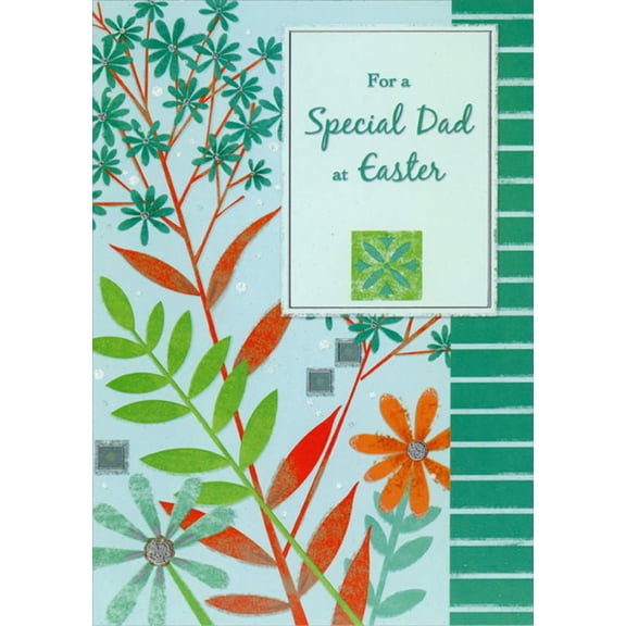 Designer Greetings Blue and Orange Flowers, Tall Stems and Column of Blue Rectangles Dad Easter Card