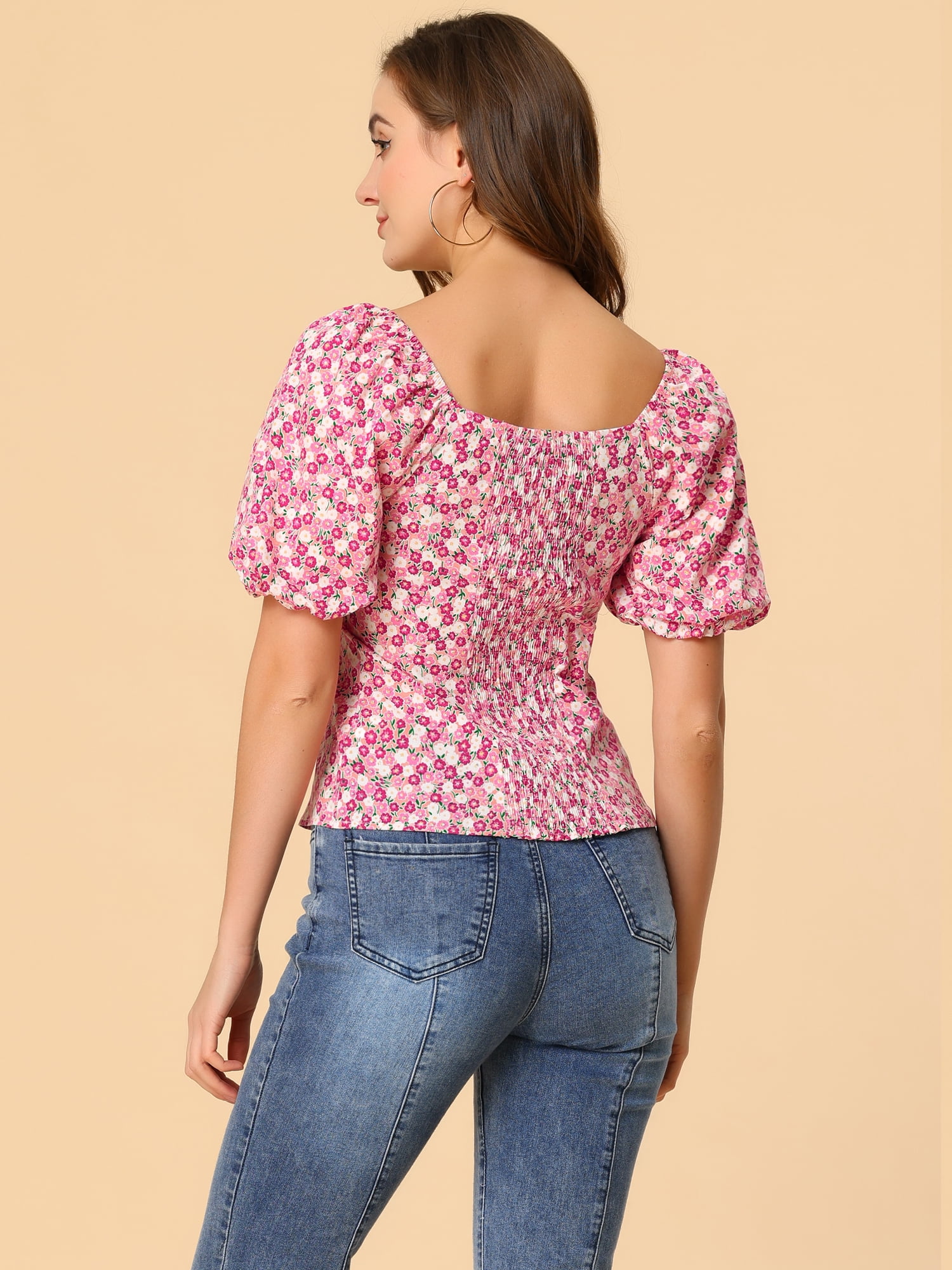 DARING DIVA Puff Sleeve Sweetheart Neck Smocked Floral Top S Pink