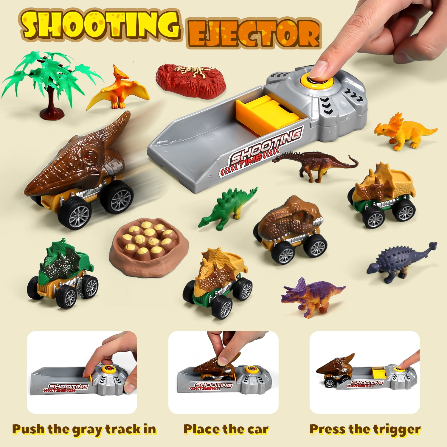 JoyStone 20 in 1 Dinosaur Truck Toys with Lights & Sounds,  Dinosaur Play Set for Kids 3-5 Years, Including 6 Pull Back Cars, 6 Dino Figures, Birthday Gift for Boys Girls, Brown