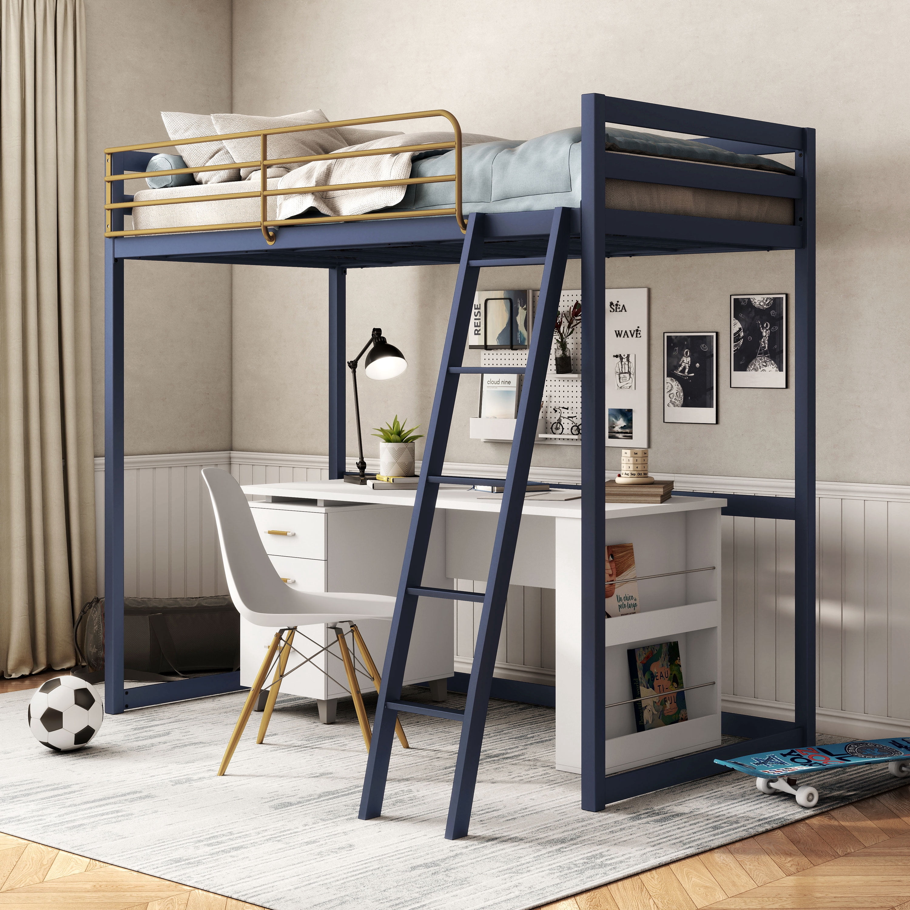 Furniture of America Two-Tone Kids Metal Twin Loft Bed with Guardrails, Blue and Gold