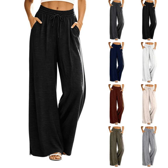 Liuinsasek Wide Leg Pants for Women Fashion Solid-Color Casual Elastic-Waist Drawstring Split Hem for A Stylish Look Lounge Pants