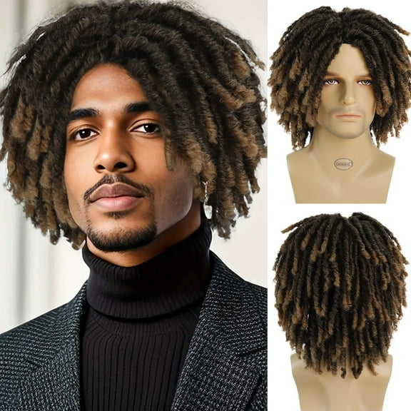 Short Dreadlocks Wigs for Men Braided Wig with Bangs in Synthetic Fiber T1B/27(Ombre Light Brown)