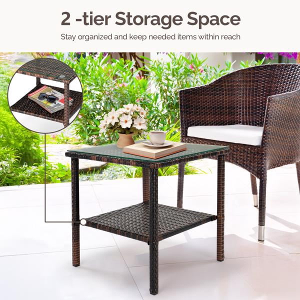 Square Double Layer Glass Top Side Table, Brown Gradient Rattan, Steel Frame, Outdoor Patio Furniture