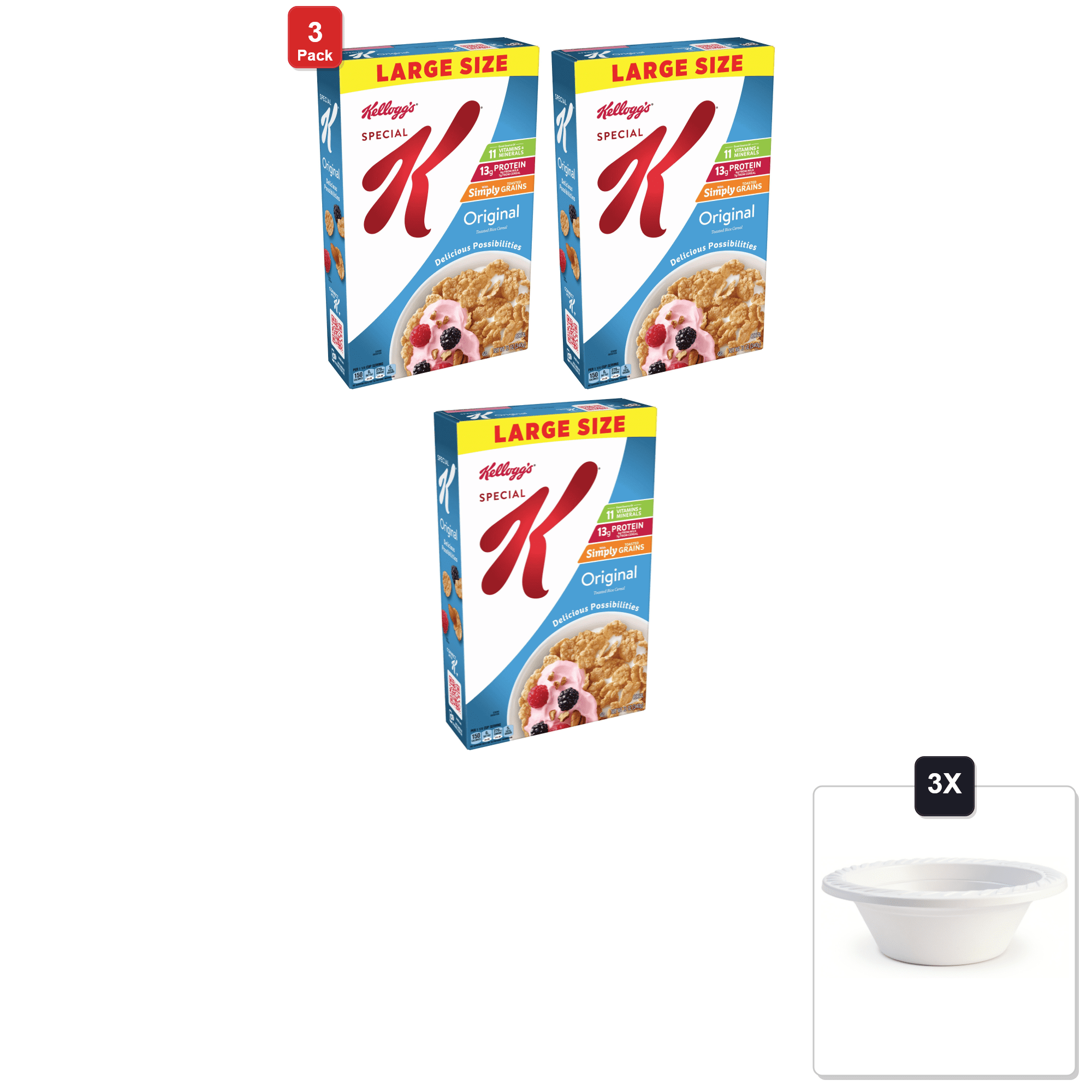 3 Pack | Kelloggs Special K Breakfast Cereal, Large Size, Original, 12 oz & 3x 12oz Disposable Plastic Bowl