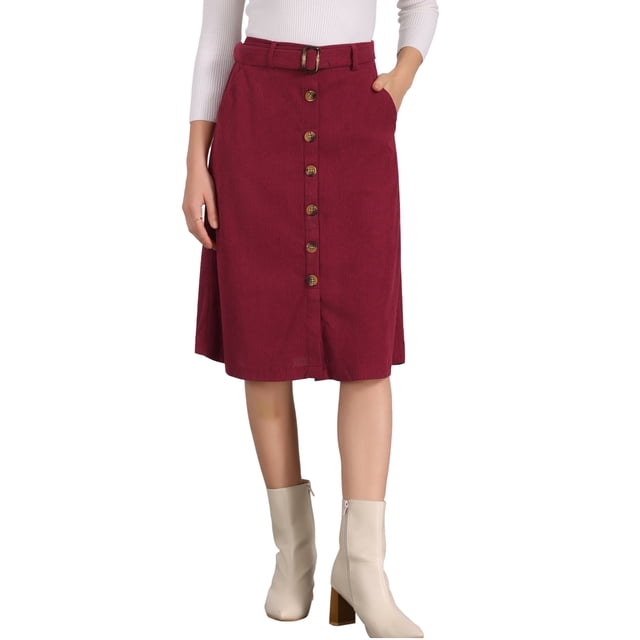Falda de pana de mujer Inspire Chic, de cintura alta, con botones en la parte delantera, con cinturón, midi, color rojo vino, talla XL