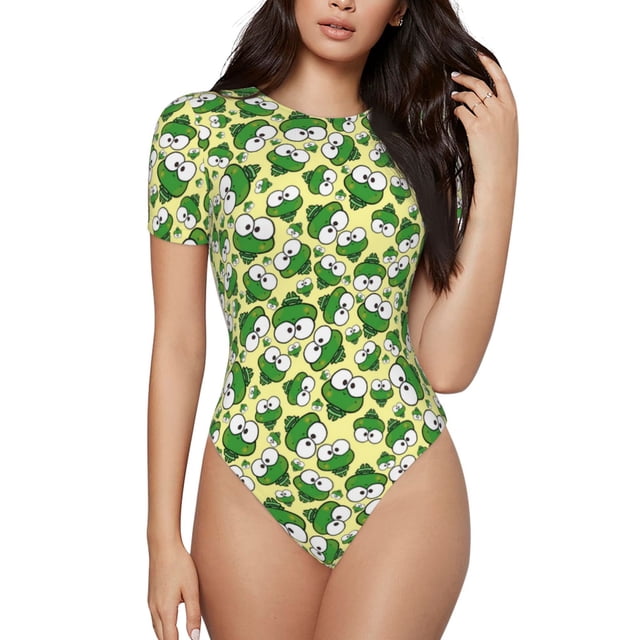Balery Cartoon Frogs Body de cuello redondo de manga corta para mujer Tops de manga corta Tops básicos-Small