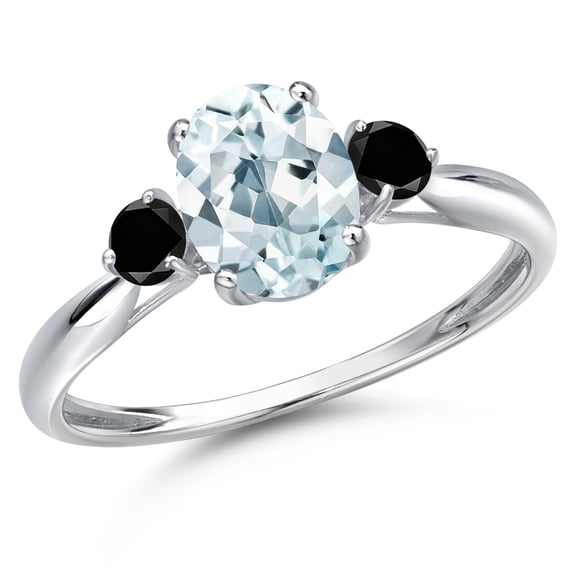 Gem Stone King 10K White Gold Sky Blue Aquamarine and Black Diamond 3-Stone Ring for Women | 1.40 Cttw | Oval 8X6MM | Gemstone March Birthstone | Size 9