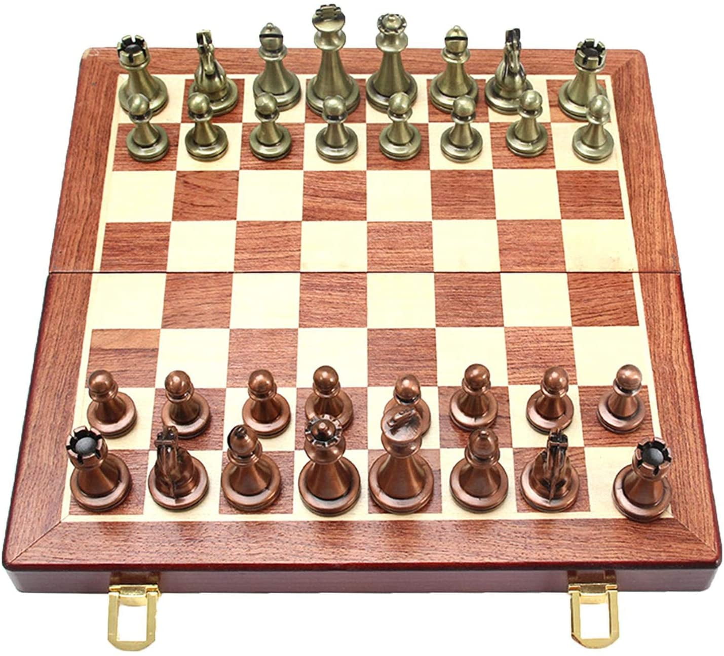 Chess Set, Large Metal Deluxe Retro Copper Plated Alloy Adult Set Board Game Portable Wooden Box Storage Folding -