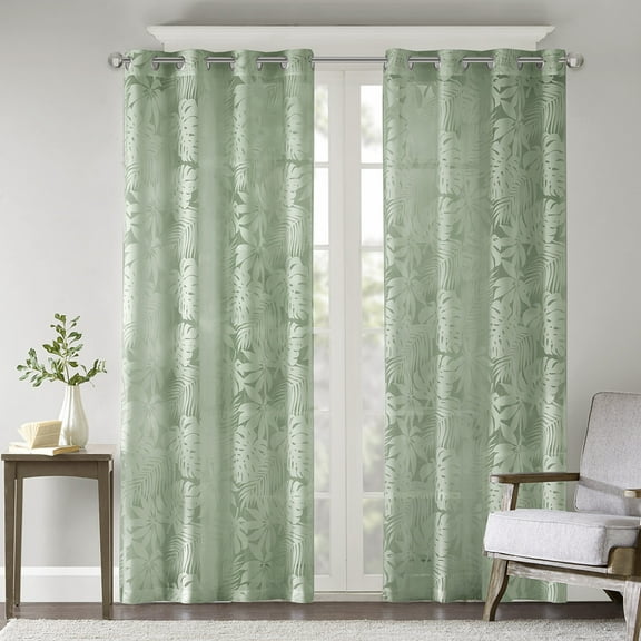 Madison Park Leilani 50x84" Palm Leaf Burnout Window Sheer in Sage Green