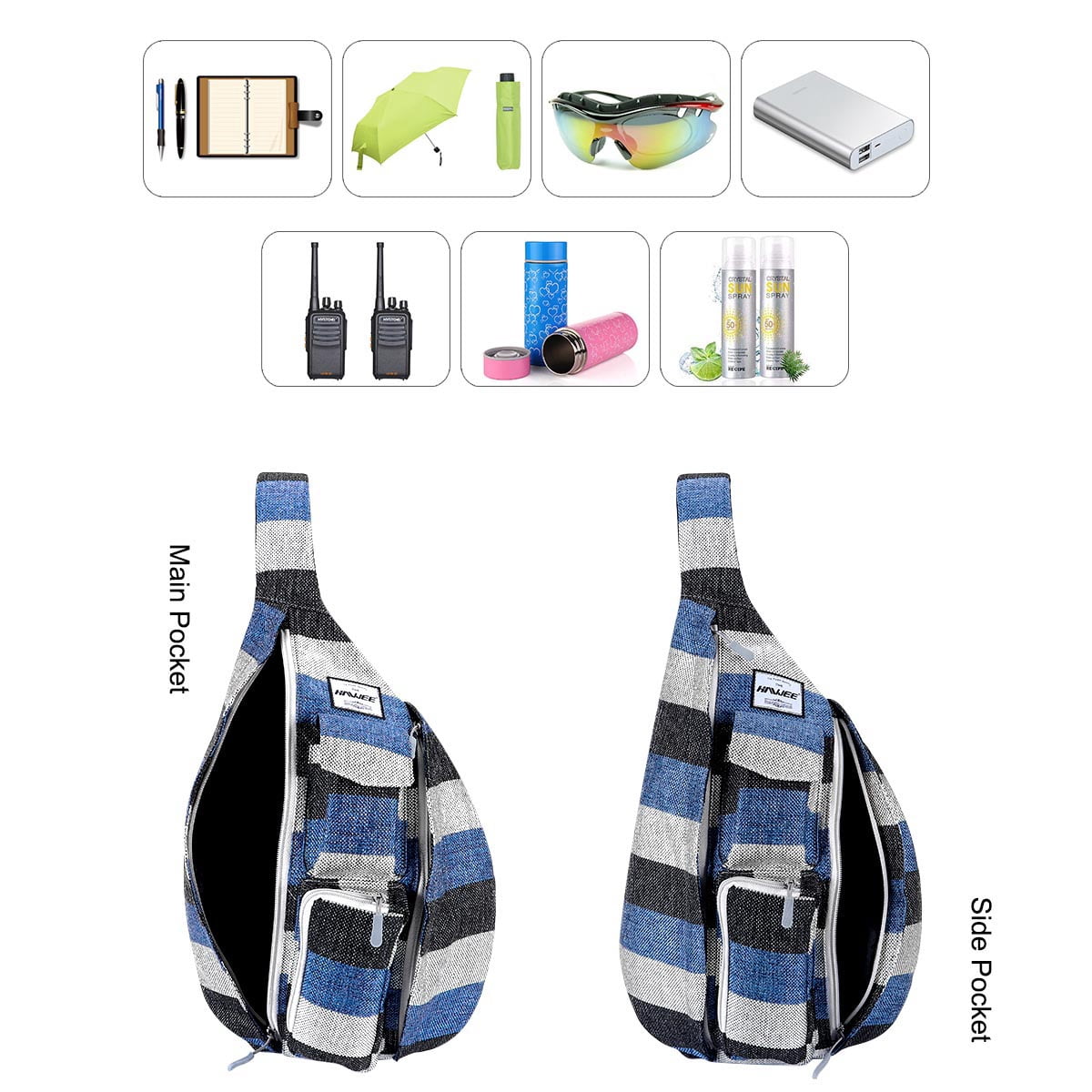 HAWEE Backpack for Women Hiking Backpack Chest Sling Bag Sports Travel Crossbody Daypack, Wide Stripes of Black/ Blue/Gray