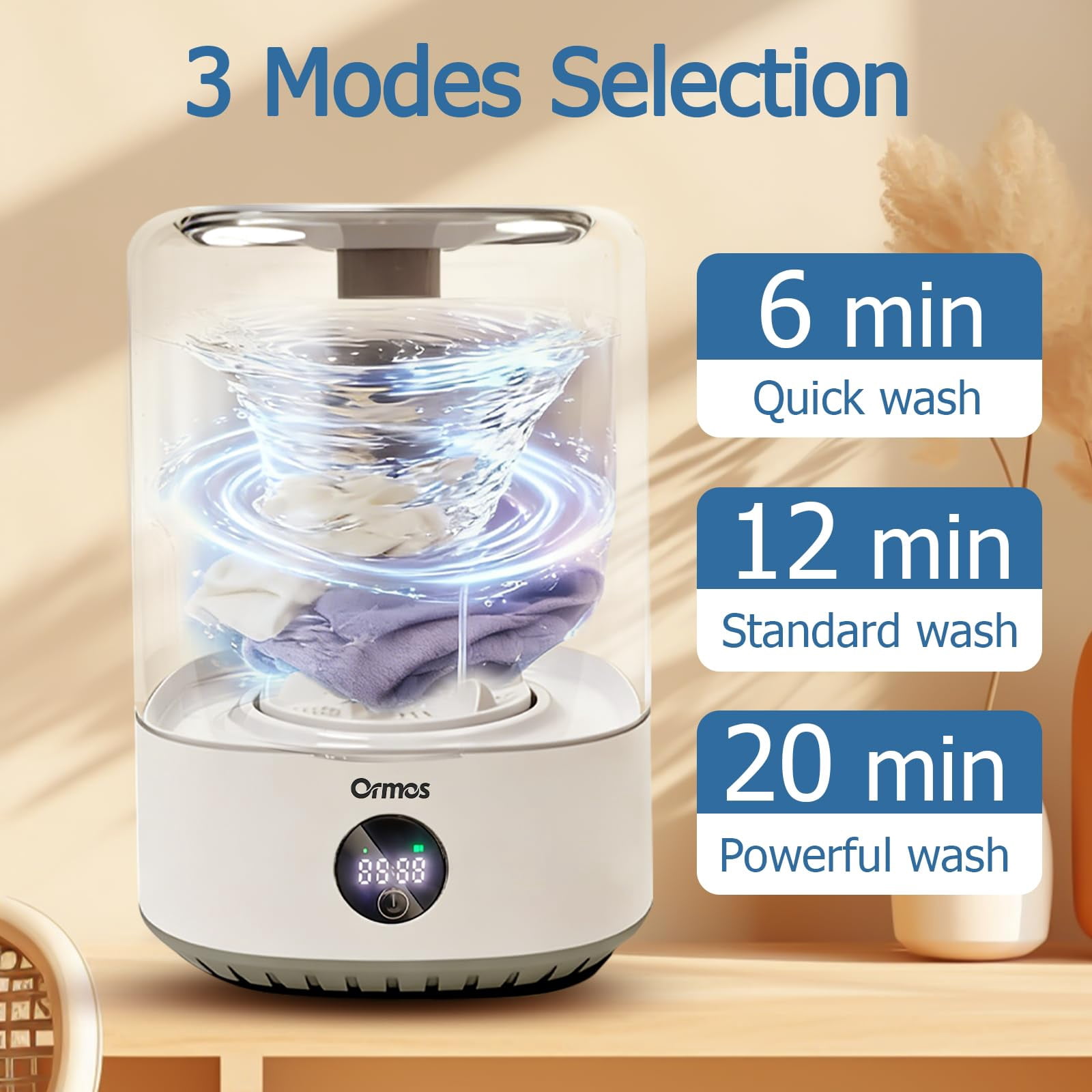 ORMOS Portable Mini Washing Machine, White, Rechargeable Cordless Washer, 4L Capacity, Quiet Efficient, LED Touch Screen, 5000mAh Battery