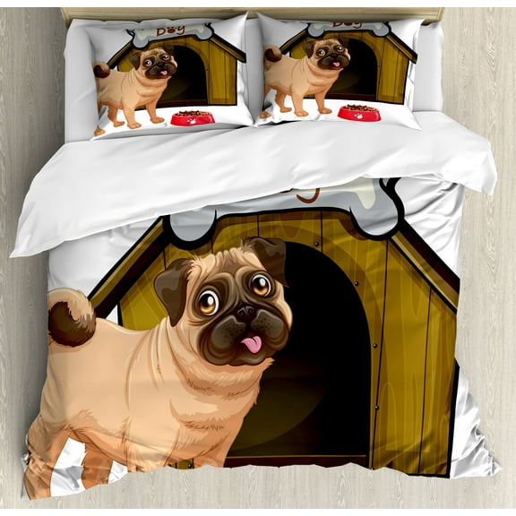 Pug Duvet Cover Set, Dog House with a Pug in Front and a Its Food Cartoon Style Image Fun, Decorative 3 Piece Bedding Set with 2 Pillow Shams, King Size, Pale Coffee Sand Brown, by Ambesonne