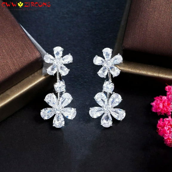 Sparkling White Silver Plated Cubic Zirconia CZ Flower Round Dangle Drop Earring