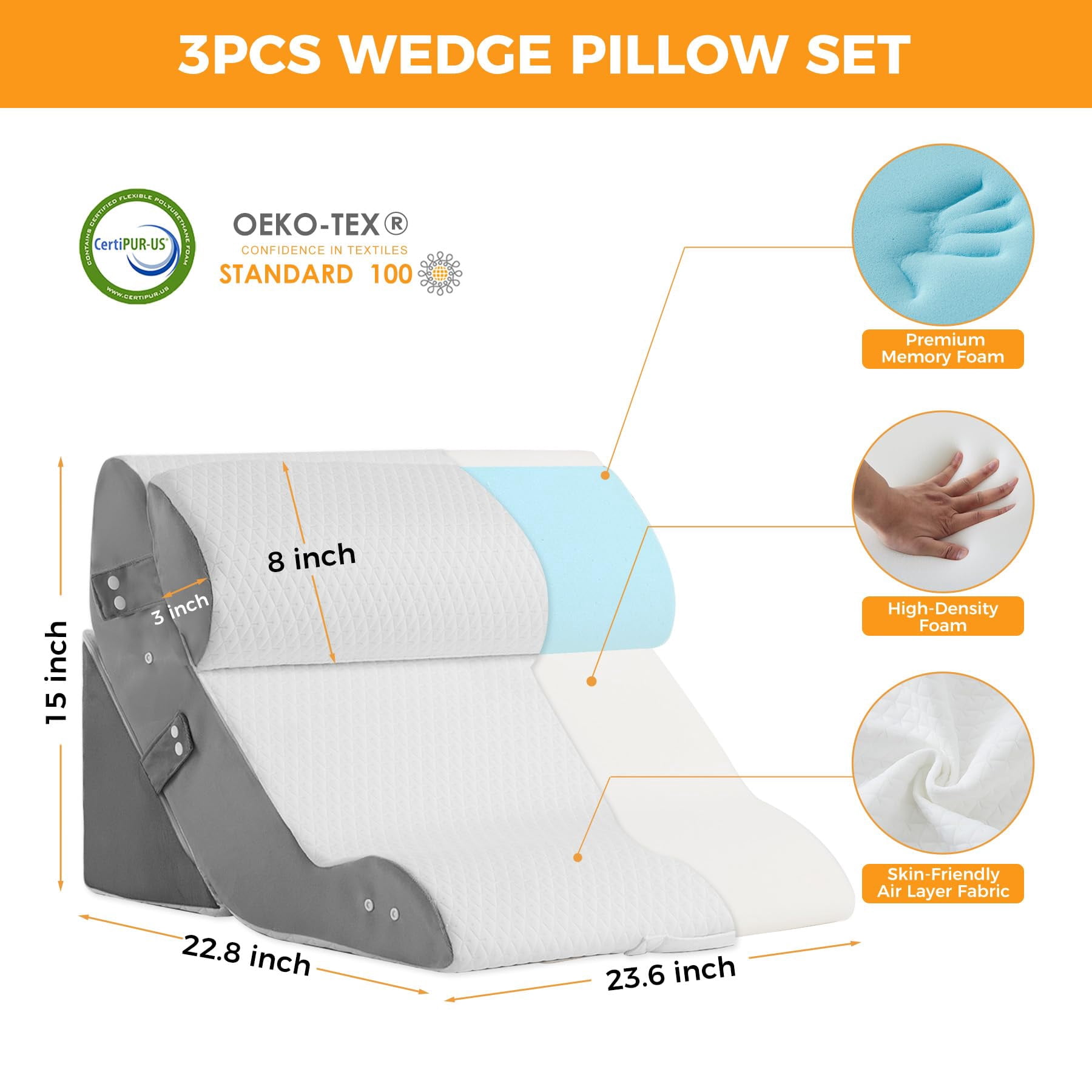 3pcs Wedge Pillow Set For After  Adjustable Bed Sitting Up Acid Reflux Headboard Sleeping & White