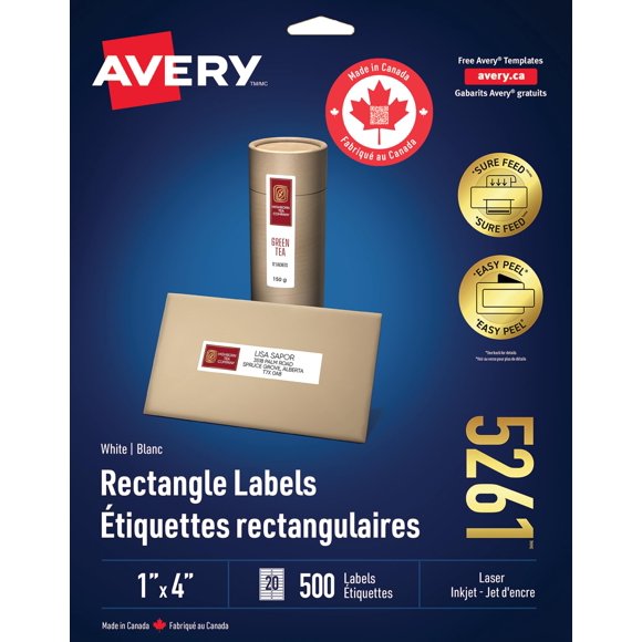 Avery White Rectangle Labels with Easy Peel for Laser Printers, 1" x 4", 500 Labels, Permanent (5261) Made in Canada