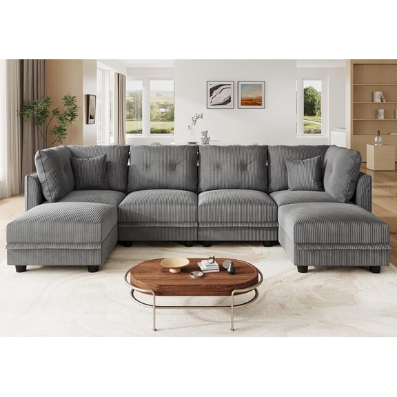 LLappuil Modular Sectional Sofa, 6 Seat Corduroy Sectional Sofa with Storage, 6 Back Cushion 6 Throw Pillow Gray