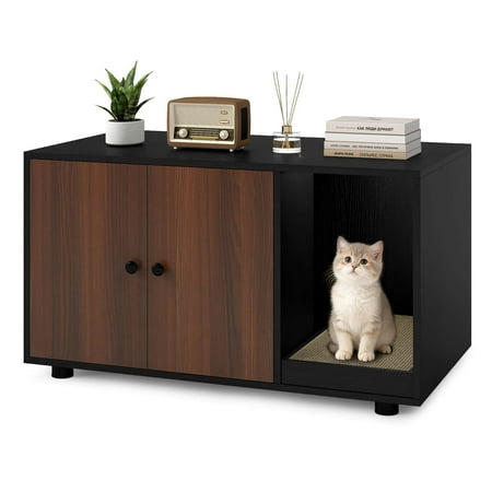 Costway Wooden Cat Litter Box Enclosure, Hidden Litter Box Furniture with Scratching Board Black