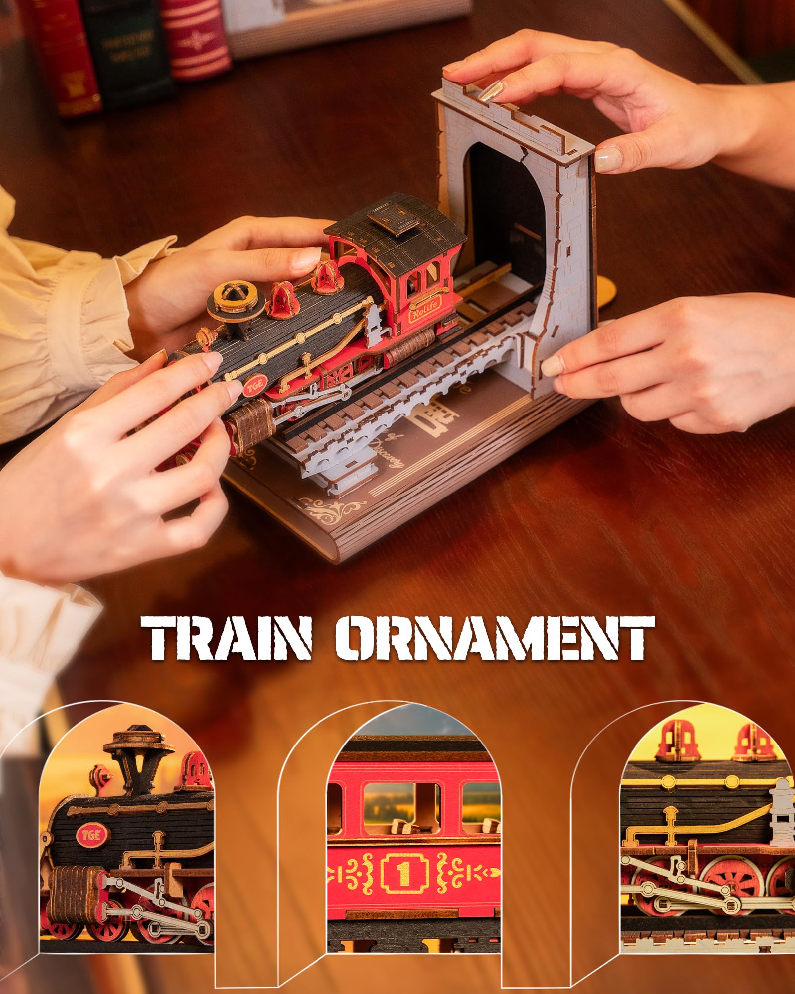 Robotime 3D Puzzles for Adults DIY Book Nook Kit Wooden VintageTrain Decorative Bookends 6.5" Model Building Kit Crafts for Adults Gifts for Boys Girls