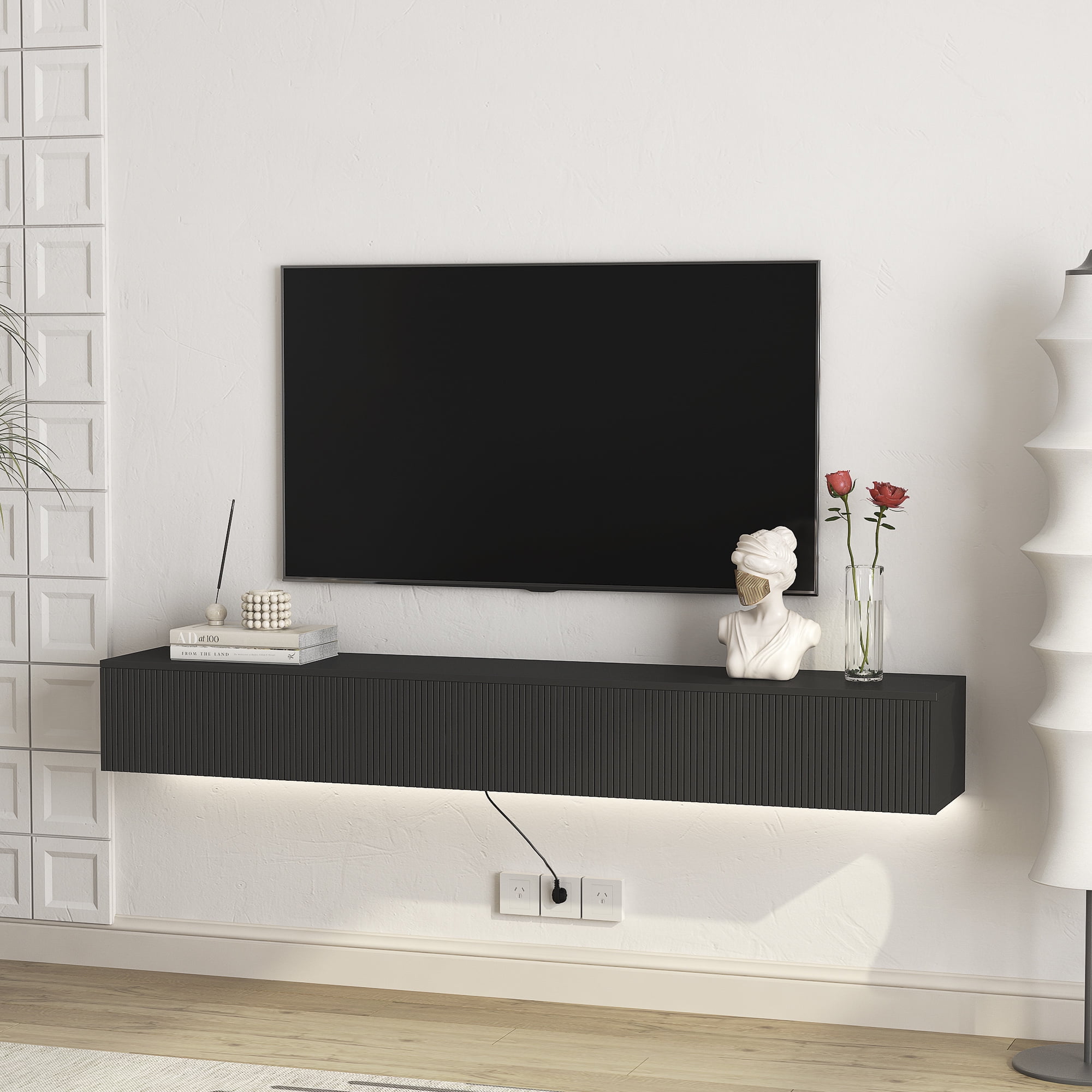 Aukfa Floating TV Stand Wall Mounted for TVs up to 70" w/ LED APP Control & Power Outlet,Black