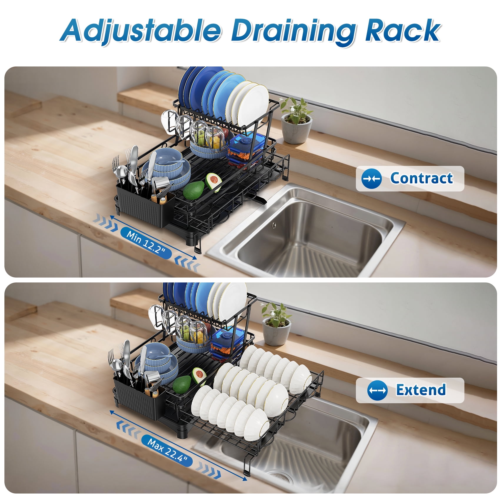 Glovv Dish Racks Kitchen Sink Organizer , 2-Tier Kitchen Organizers and Storage for Kitchen Counter, Over the Sink Dish Drying Rack with Auto Drainage System, Black