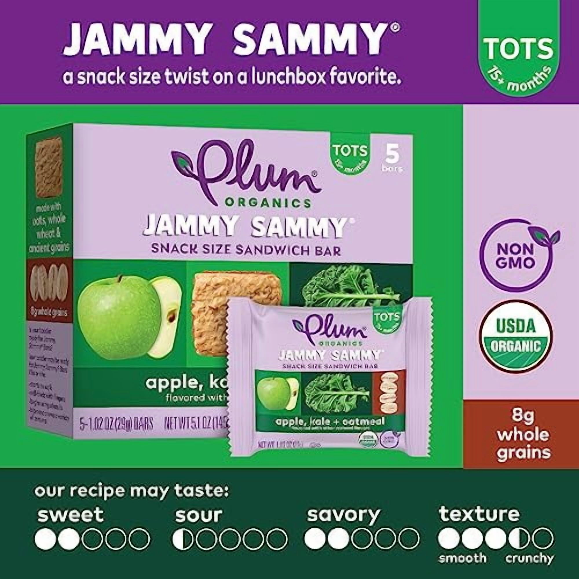 Plum Organics Jammy Sammy Snack Bars - Apple, Kale, and Oatmeal - 1.02 oz Bars (Pack of 30) - Organic Toddler Food Snack Bars
