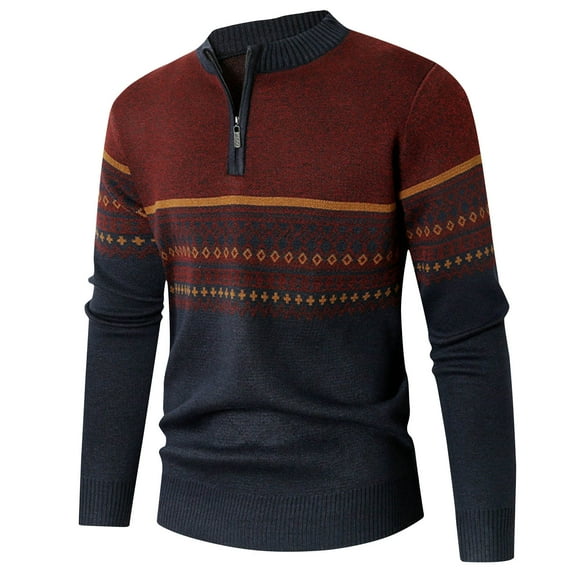 Antqov Sweaters for Men, Half Turtleneck Pullover Ethnic Print Long Sleeve Quarter Zip Knit Sweater, Fall Winter Fashion Stretchy Soft Comfortable Sweaters