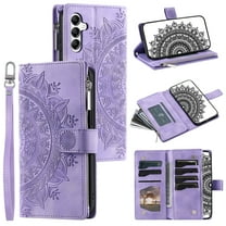 Dteck Zipper Wallet Case for Samsung Galaxy A35 5G,Magnetic Durable PU Leather Flower Embossed Case Zipper Card Holder Wallet Kickstand Cover with Detachable Shoulder Strap/Wrist Strap,Purple
