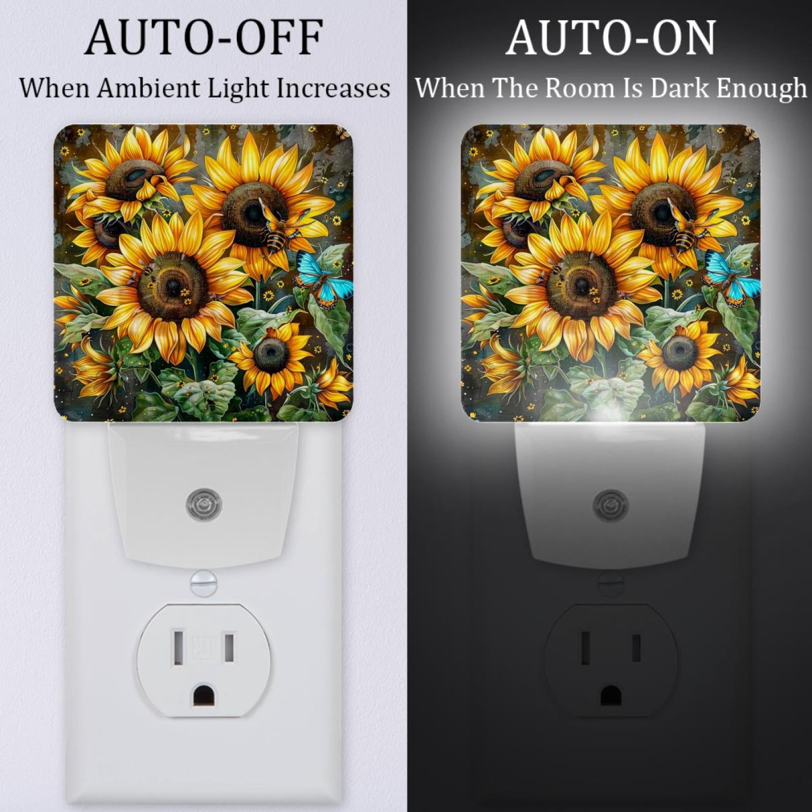 PhooArto Sunflower Bee Butterfly Plug in LED Night Light Auto Sensor Dusk to Dawn Decorative Night for Bedroom, Bathroom, Kitchen, Hallway, Stairs, Baby's Room, Energy Saving