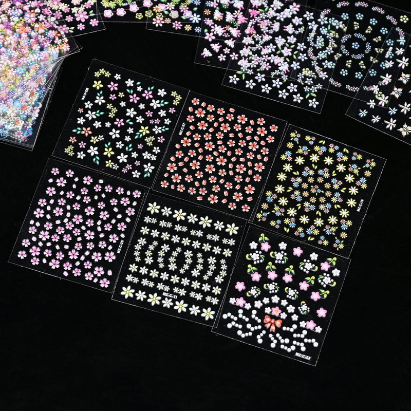 3D Colorful Flowers Cherry Blossoms Rose Daisy Nail Decals 20/30/60/70/90pcs Cute Heart Nail Sticker Manicure Decoration 5.5*6cm
