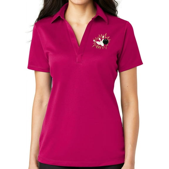Ladie's Crashing Bowling Pins No Button Polo Shirt, Medium Pink Raspberry
