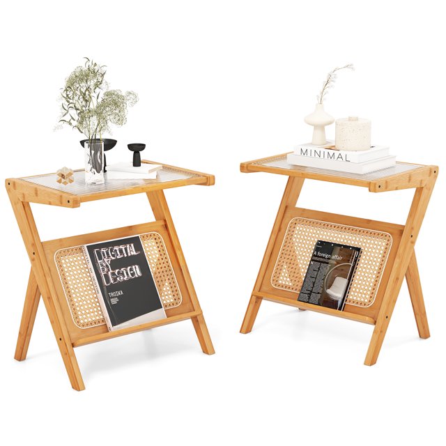 Gymax 2 Pieces Boho End Table with Magazine Rack featuring a Z-shaped bamboo frame, tempered glass tabletop, and hand-woven rattan shelf in a natural finish. The tables include an L-shaped shelf for magazines and felt foot pads for floor protection. Ideal for living rooms, bedrooms, or small spaces.