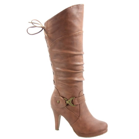 

Page-65 Women s Back Lace Up Round Toe High Heel Platform Mid-Calf Knee High Boots ( Tan 8)