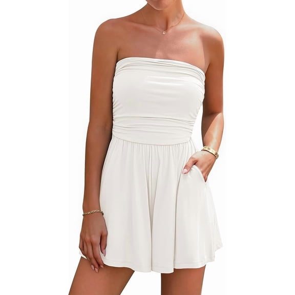 BTFBM Womens Romper Spring Summer Strapless Tube Tops Beach Vacation Clothes Boho Loose Shorts Jumpsuits Pockets