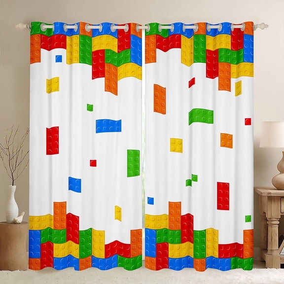 Feelyou Cartoon Square Geometric Curtains Pack of 2 (42x84 Each), Building Blocks Curtains Blackout, Kid Child Teenager Bedroom Curtains, Microfiber Bedroom Decor