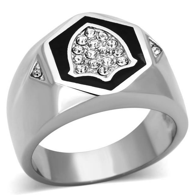 Men High Polished Stainless Steel Ring with Top Grade Crystal in Clear - Size 8