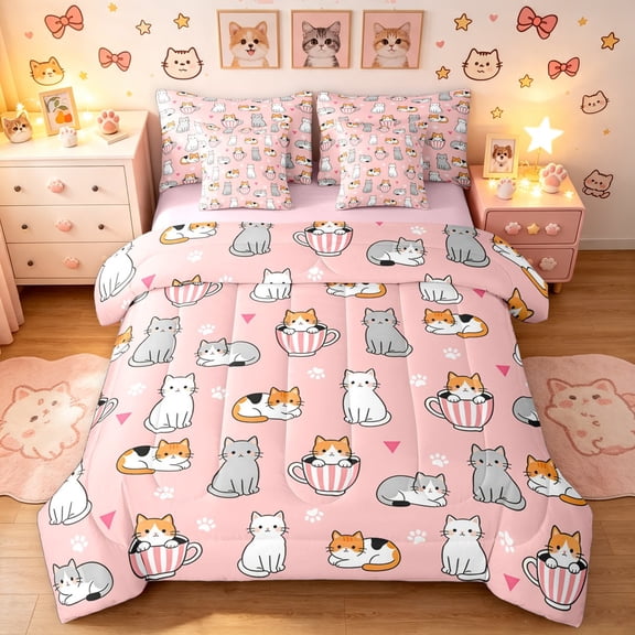 Manfei Cute Pet Twin Bedding, Cartoon Cup Kitten Bedding Comforter Set, Pink, Pink Reversible, 7pcs