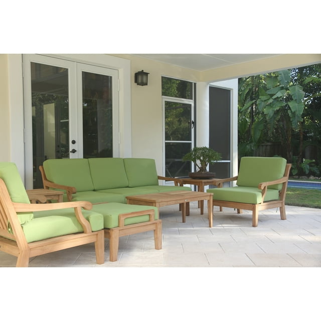 WholesaleTeak Outdoor Patio Grade-A Teak Wood 7 Piece Teak Sofa Set - Sofa, 2 Lounge Chairs, 2 Ottomans, Rectangle Coffee Table And Side Table -Furniture only --Sack Collection #WMSSSK8
