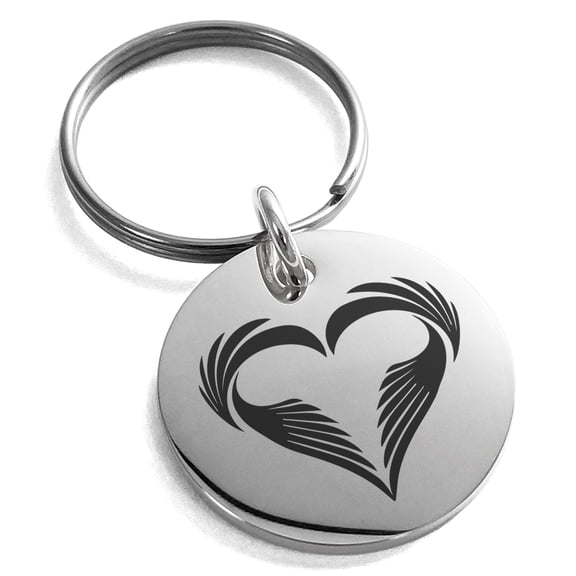 Stainless Steel Feather Heart Engraved Small Medallion Circle Charm Keychain Keyring