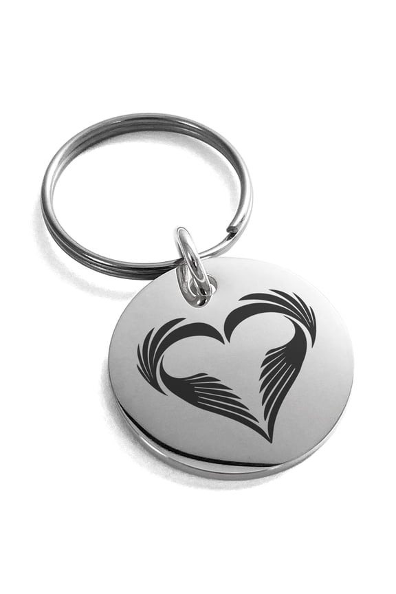 Stainless Steel Feather Heart Engraved Small Medallion Circle Charm Keychain Keyring