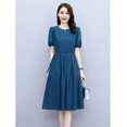 thumbnail image 1 of Femmes Manches Courtes Robe Élégante Col Rond à Lacets une-Ligne Jupe Décontractée Couleur Unie Robe en Vrac, 1 of 8