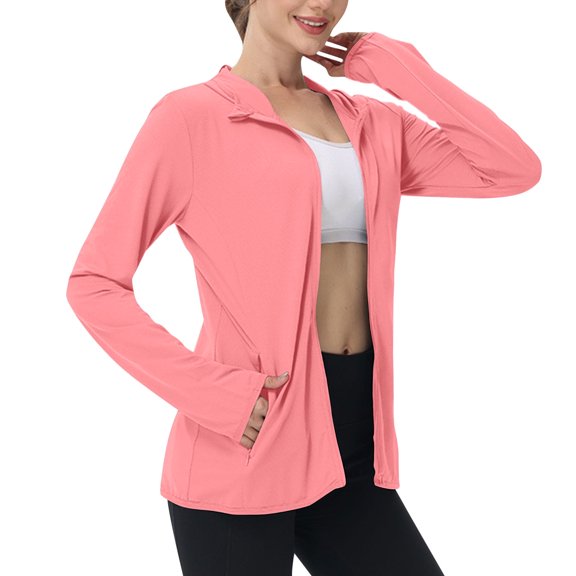 Xfvqtps Womens Light Jacket Sun Protection Cooling Ice Silk Hoodie Full Zip Solid Color Shirts for UV Outdoor Hiking Running Watermelon Red