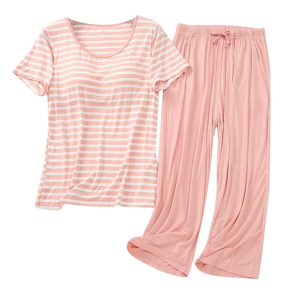 snilers Womens Pajama Sets Built in Bra T-Shirt with Capri Pants Striped Loungewear Set Soft Sleepwear Summer Loose Lounge Sets with Pockets